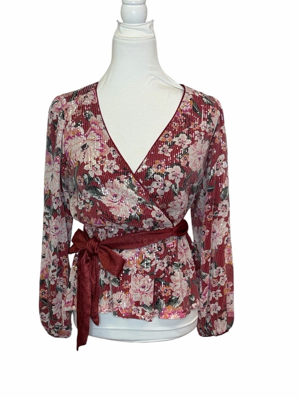 Lauren Conrad Sequins Floral Blouse in Rose Red with Sash